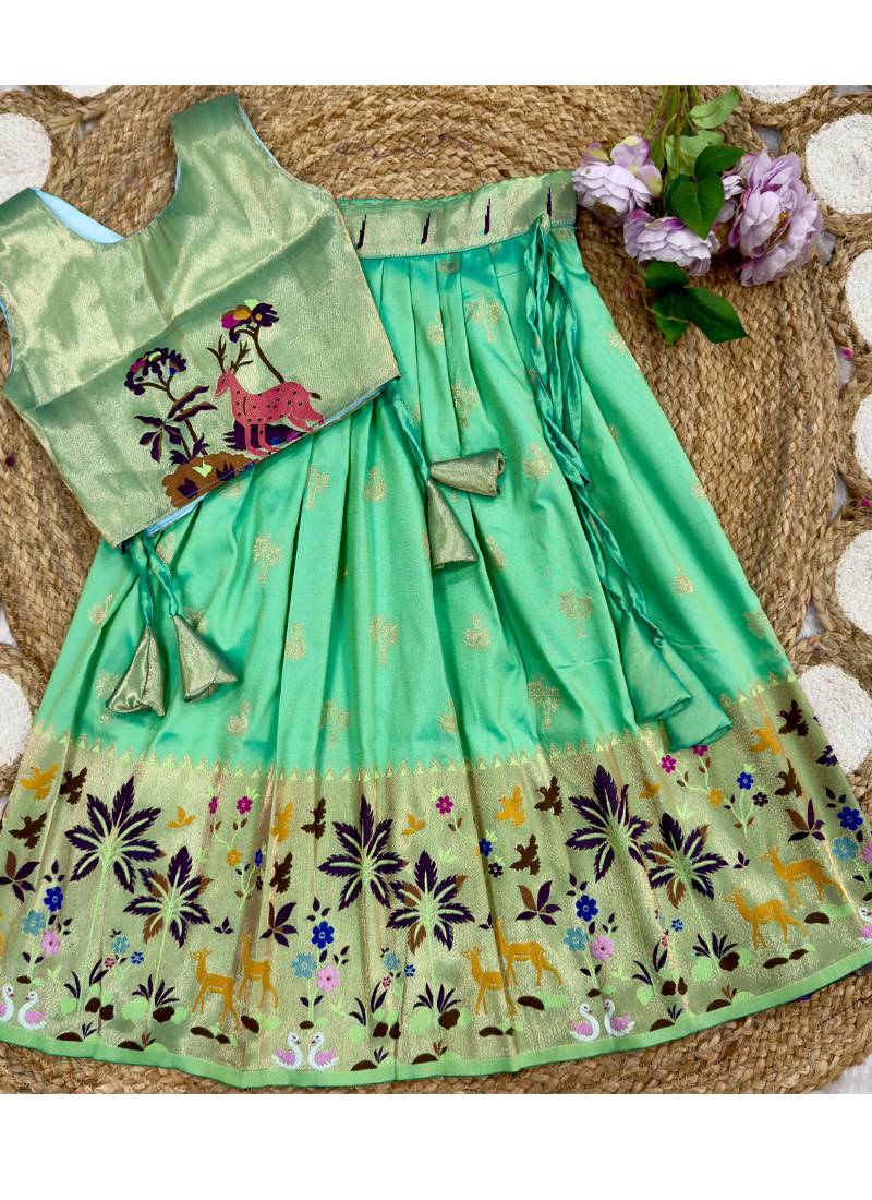 Soft silk paithani design zari weaving pavadai for kids