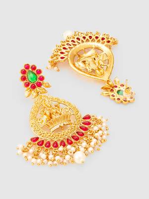  temple design gold plated earrings with green & red stones 4