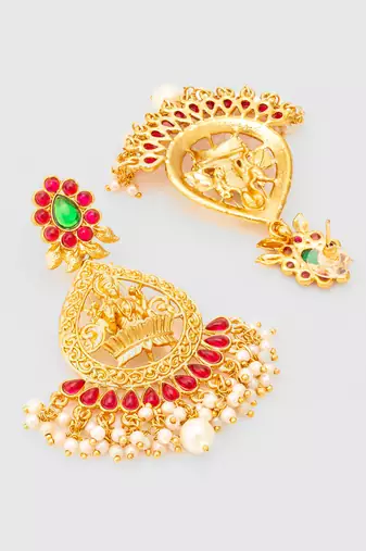 temple design gold plated earrings with green & red stones