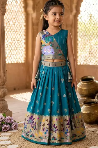 Soft silk paithani design zari weaving pavadai for kids