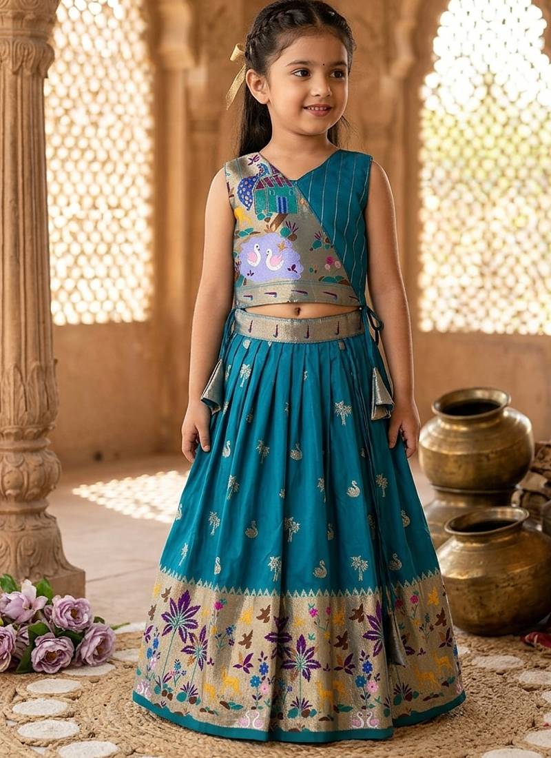 Soft silk paithani design zari weaving pavadai for kids