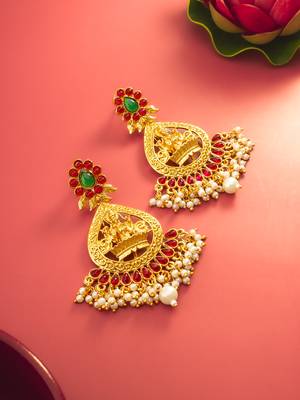  temple design gold plated earrings with green & red stones 1