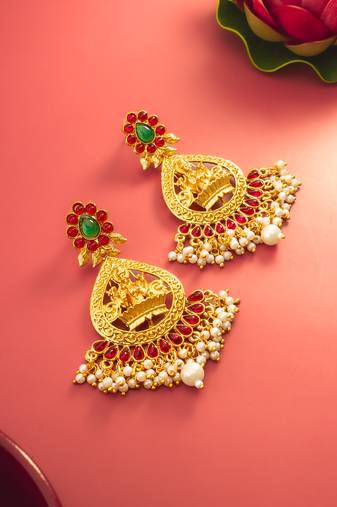  temple design gold plated earrings with green & red stones