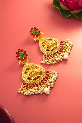  temple design gold plated earrings with green & red stones