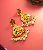  temple design gold plated earrings with green & red stones