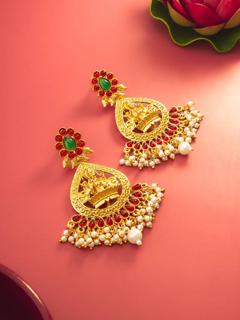  temple design gold plated earrings with green & red stones