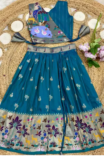 Soft silk paithani design zari weaving pavadai for kids