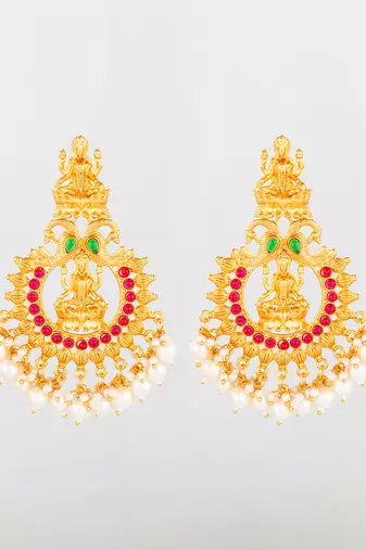  grand temple style gold plated chandelier earrings with pearl drops