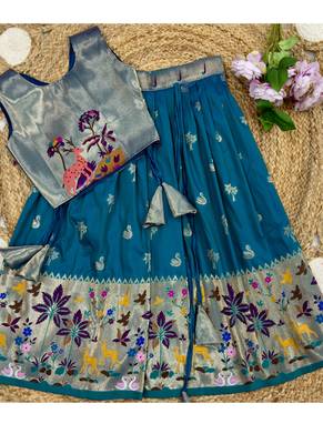 Soft silk paithani design zari weaving pavadai for kids 3
