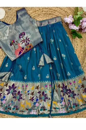 Soft silk paithani design zari weaving pavadai for kids