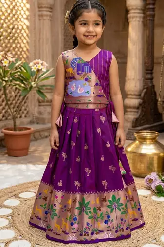 Soft silk paithani design zari weaving pavadai for kids
