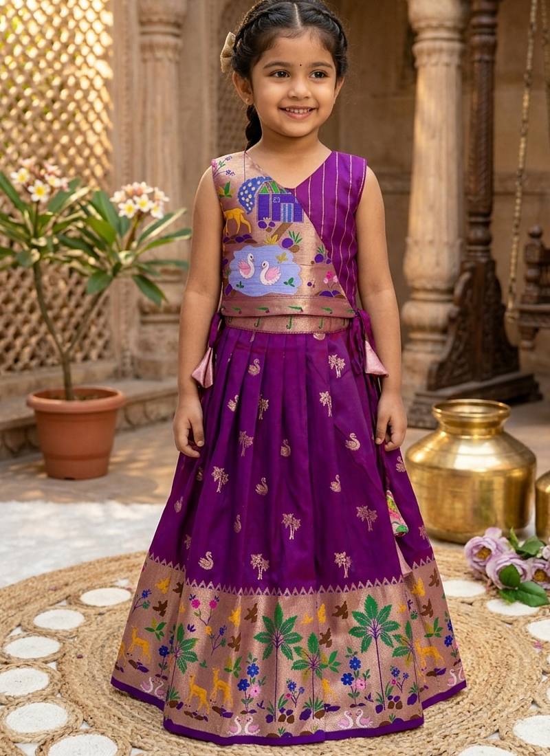 Soft silk paithani design zari weaving pavadai for kids