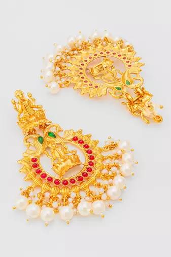  grand temple style gold plated chandelier earrings with pearl drops