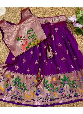 Soft silk paithani design zari weaving pavadai for kids 3