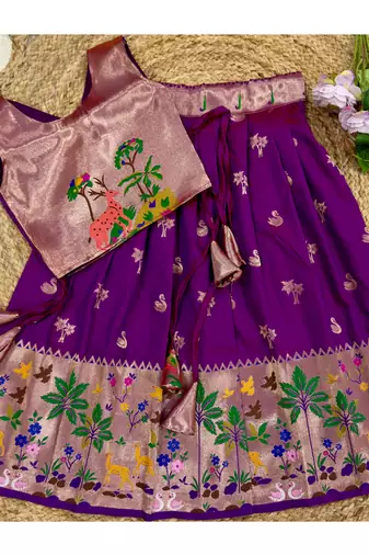 Soft silk paithani design zari weaving pavadai for kids
