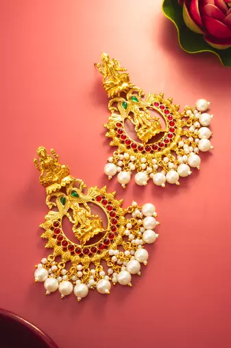 grand temple style gold plated chandelier earrings with pearl drops