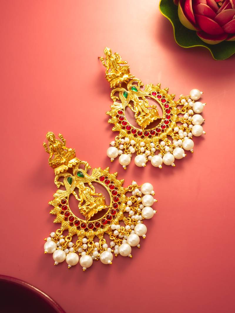  grand temple style gold plated chandelier earrings with pearl drops