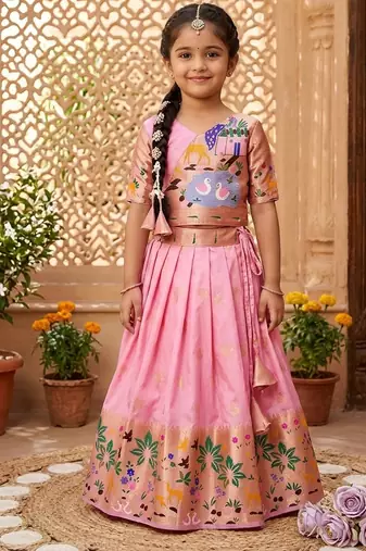Soft silk paithani design zari weaving pavadai for kids