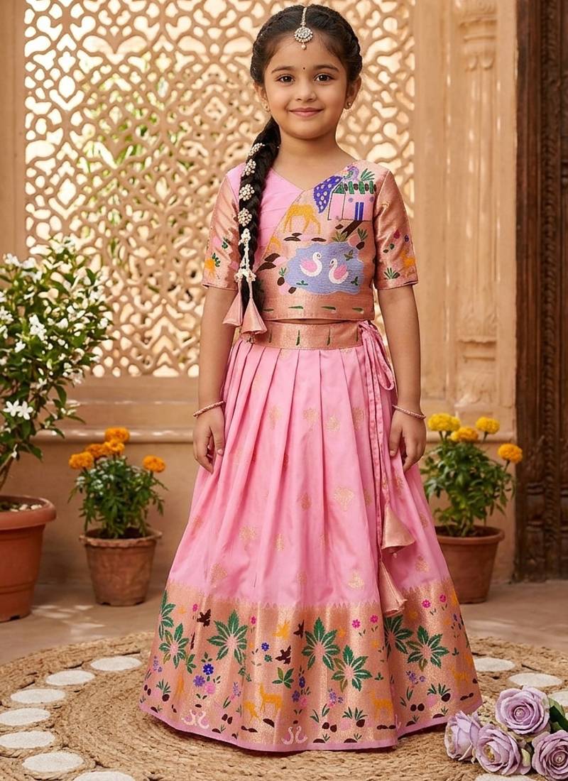 Soft silk paithani design zari weaving pavadai for kids