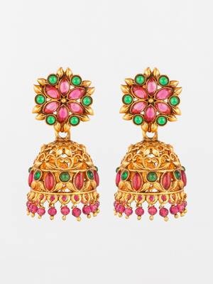 Aadta traditional gold-tone kundan jhumka earrings with pink and green stones 1