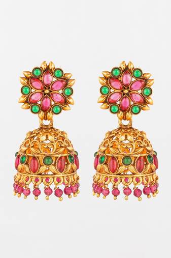 Aadta traditional gold-tone kundan jhumka earrings with pink and green stones