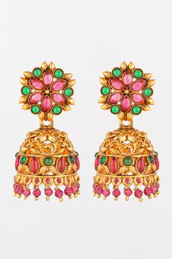 Aadta traditional gold-tone kundan jhumka earrings with pink and green stones