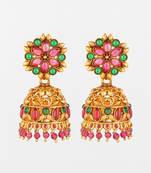Aadta traditional gold-tone kundan jhumka earrings with pink and green stones