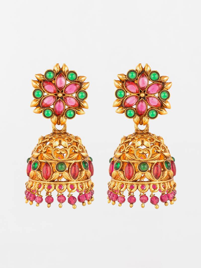 Aadta traditional gold-tone kundan jhumka earrings with pink and green stones