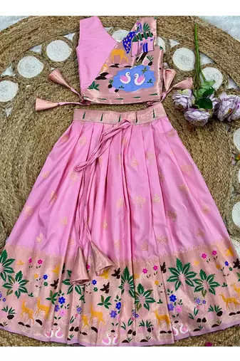 Soft silk paithani design zari weaving pavadai for kids