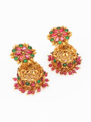 Aadta traditional gold-tone kundan jhumka earrings with pink and green stones 2