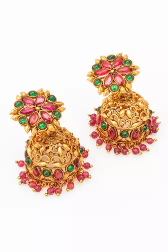 Aadta traditional gold-tone kundan jhumka earrings with pink and green stones