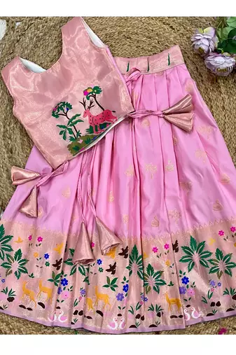 Soft silk paithani design zari weaving pavadai for kids
