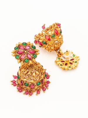 Aadta traditional gold-tone kundan jhumka earrings with pink and green stones 3