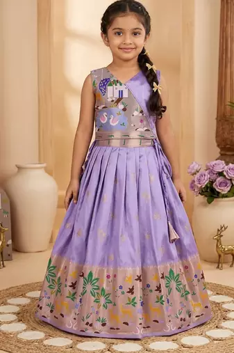 Soft silk paithani design zari weaving pavadai for kids
