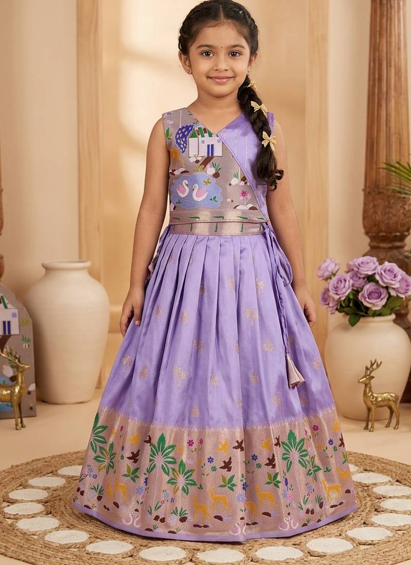 Soft silk paithani design zari weaving pavadai for kids