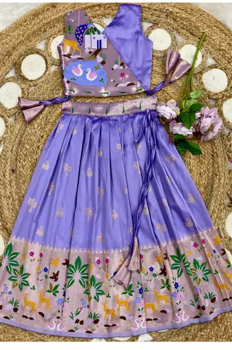Soft silk paithani design zari weaving pavadai for kids