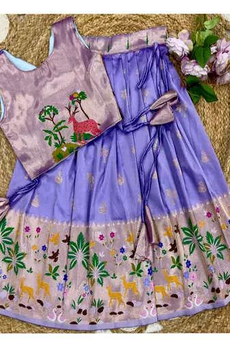 Soft silk paithani design zari weaving pavadai for kids