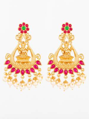  temple style gold plated pink & green chandelier jhumka earrings 2