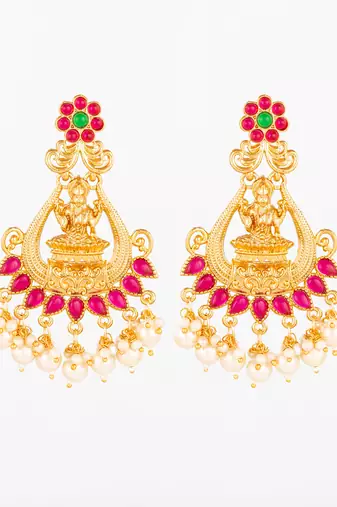  temple style gold plated pink & green chandelier jhumka earrings