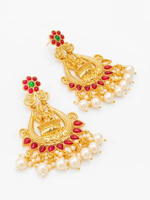  temple style gold plated pink & green chandelier jhumka earrings 3