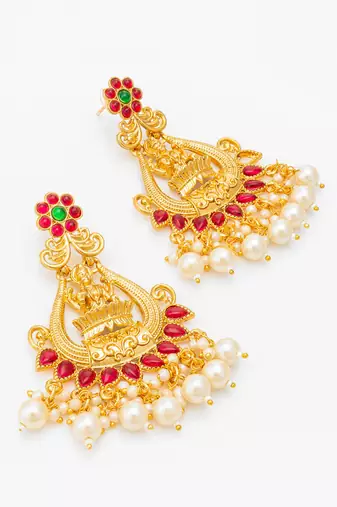  temple style gold plated pink & green chandelier jhumka earrings