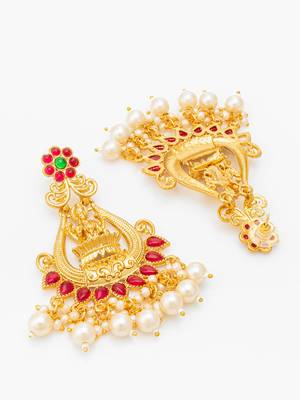  temple style gold plated pink & green chandelier jhumka earrings 4