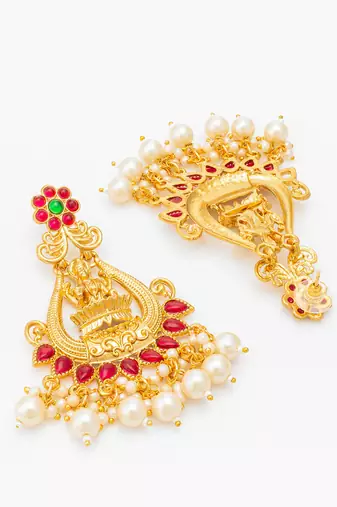  temple style gold plated pink & green chandelier jhumka earrings
