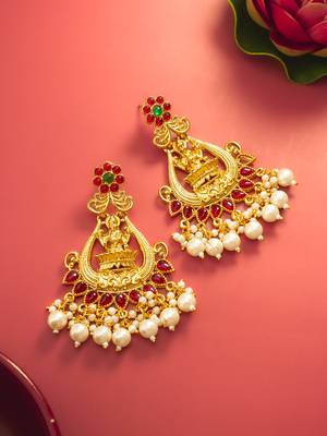  temple style gold plated pink & green chandelier jhumka earrings 1