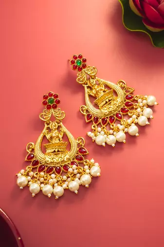  temple style gold plated pink & green chandelier jhumka earrings