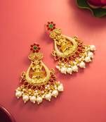  temple style gold plated pink & green chandelier jhumka earrings