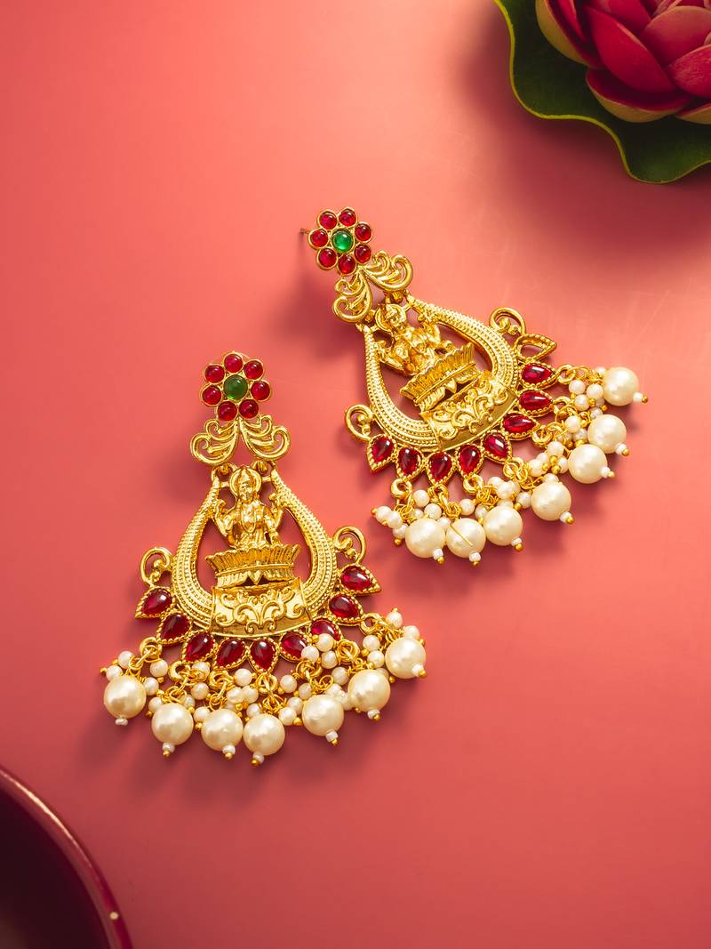  temple style gold plated pink & green chandelier jhumka earrings