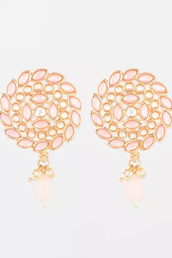  gold plated pink stone stud drop earrings with bead accent