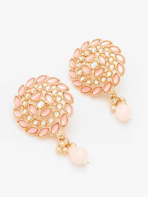  gold plated pink stone stud drop earrings with bead accent 3