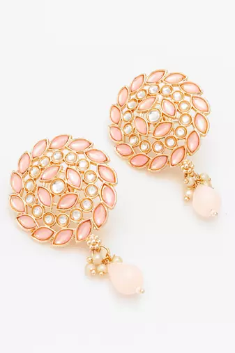  gold plated pink stone stud drop earrings with bead accent